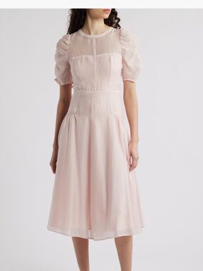 Chelsea 28Pale Pink Sheer-Yoke Puff Sleeve Midi Dress